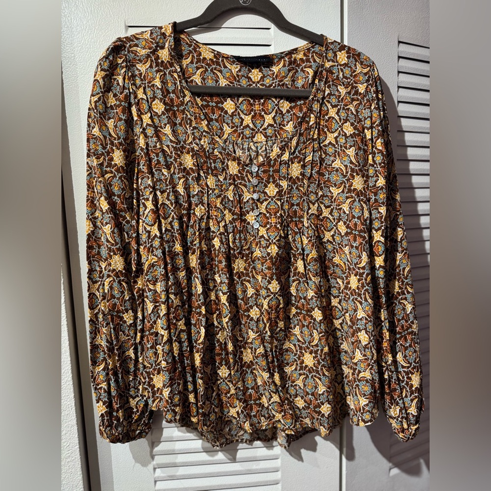 Jane and Delancey Brown Floral Peasant Tunic with Yellow Accents